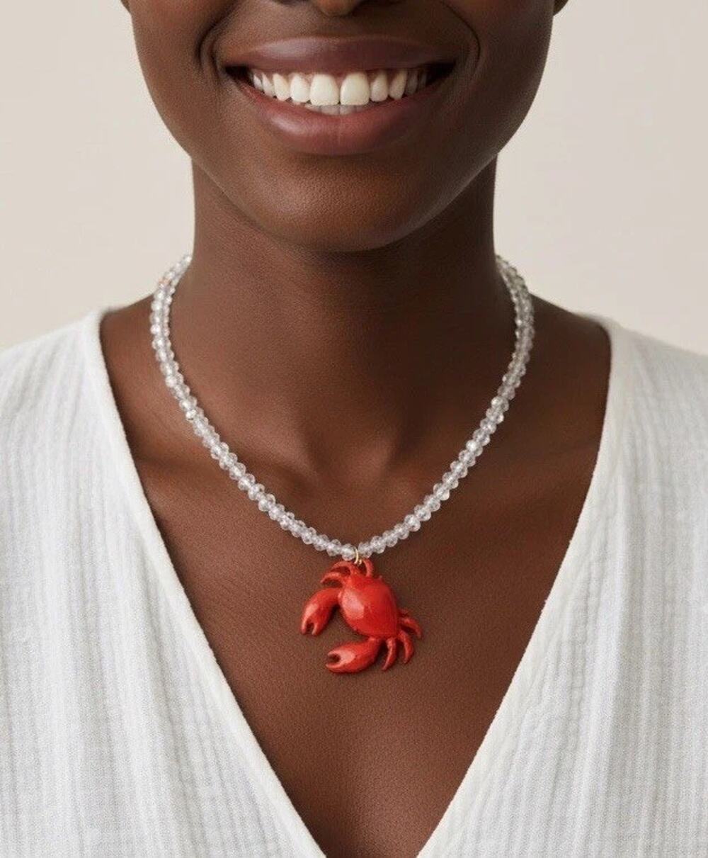 Zara Crab Necklace Crystal Bead White Red Kitsch Gold Boho Animal Nautical